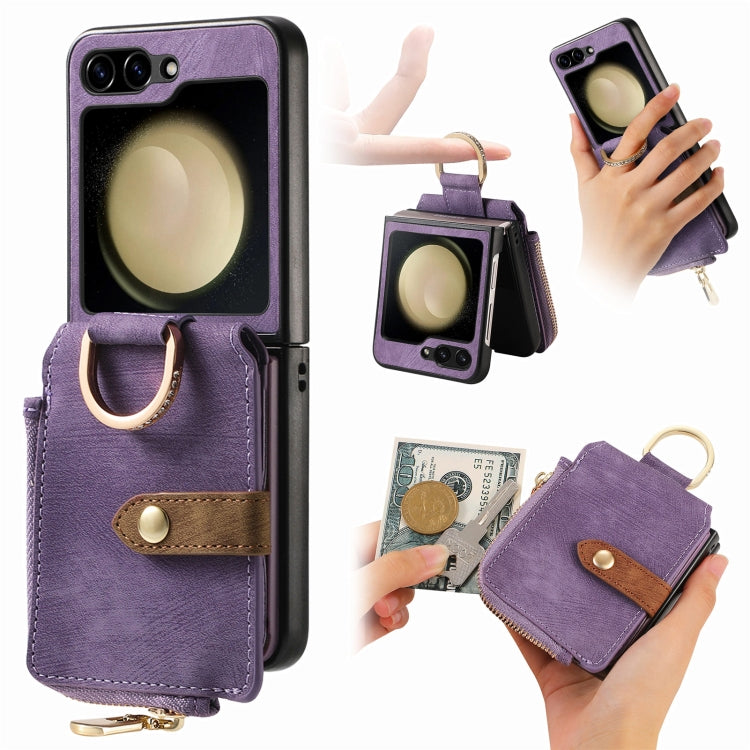 Retro Ring Vertical Zipper Wallet Phone Case, For Galaxy Z Flip8 5G, For Galaxy Z Flip7 5G, For Galaxy Z Flip6