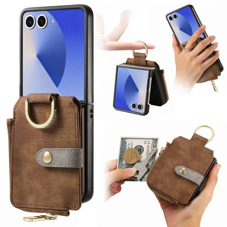 Retro Ring Vertical Zipper Wallet Phone Case, For Galaxy Z Flip8 5G, For Galaxy Z Flip7 5G, For Galaxy Z Flip6