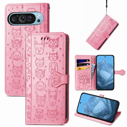 Cat and Dog Embossed Leather Phone Case, For Google Pixel 10 / 10 Pro, For Google Pixel 9 / 9 Pro