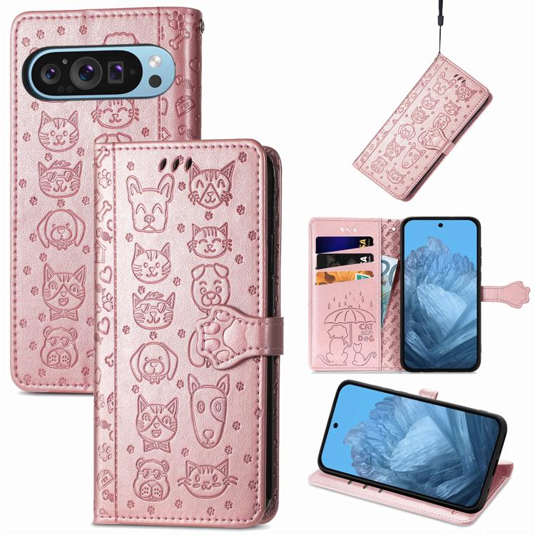 Cat and Dog Embossed Leather Phone Case, For Google Pixel 10 / 10 Pro, For Google Pixel 9 / 9 Pro