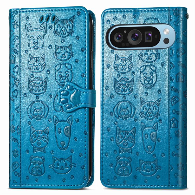 Cat and Dog Embossed Leather Phone Case, For Google Pixel 10 / 10 Pro, For Google Pixel 9 / 9 Pro