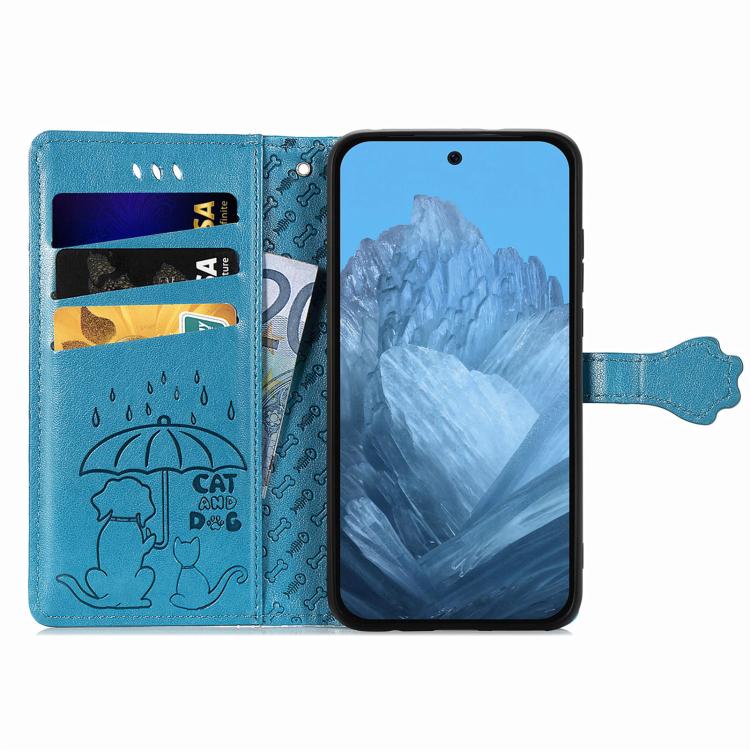 Cat and Dog Embossed Leather Phone Case, For Google Pixel 10 / 10 Pro, For Google Pixel 9 / 9 Pro