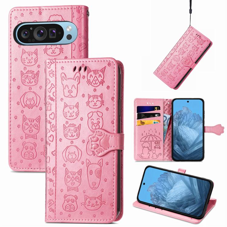 Cat and Dog Embossed Leather Phone Case, For Google Pixel 10 / 10 Pro, For Google Pixel 9 / 9 Pro