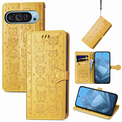 Cat and Dog Embossed Leather Phone Case, For Google Pixel 10 / 10 Pro, For Google Pixel 9 / 9 Pro