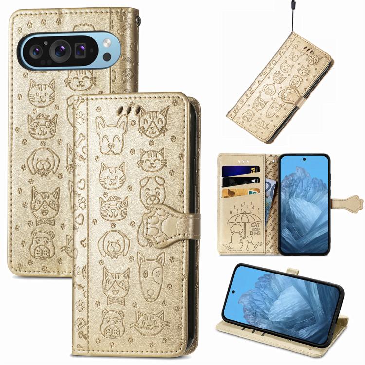 Cat and Dog Embossed Leather Phone Case, For Google Pixel 10 / 10 Pro, For Google Pixel 9 / 9 Pro