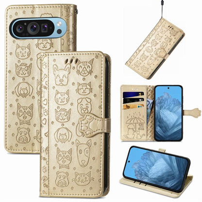 Cat and Dog Embossed Leather Phone Case, For Google Pixel 10 / 10 Pro, For Google Pixel 9 / 9 Pro