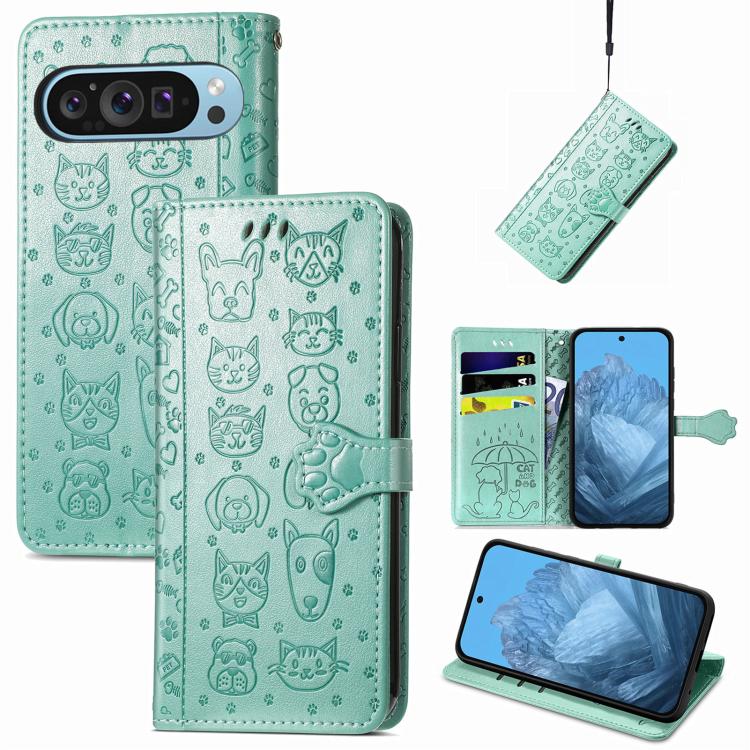 Cat and Dog Embossed Leather Phone Case, For Google Pixel 10 / 10 Pro, For Google Pixel 9 / 9 Pro