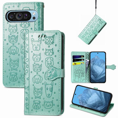 Cat and Dog Embossed Leather Phone Case, For Google Pixel 10 / 10 Pro, For Google Pixel 9 / 9 Pro