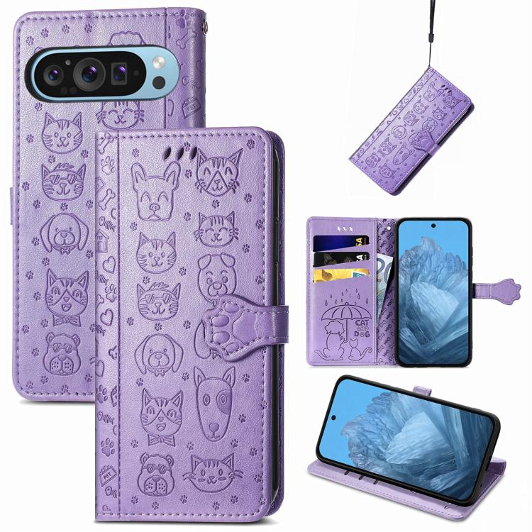 Cat and Dog Embossed Leather Phone Case, For Google Pixel 10 / 10 Pro, For Google Pixel 9 / 9 Pro