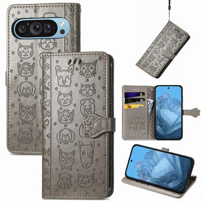 Cat and Dog Embossed Leather Phone Case, For Google Pixel 10 / 10 Pro, For Google Pixel 9 / 9 Pro