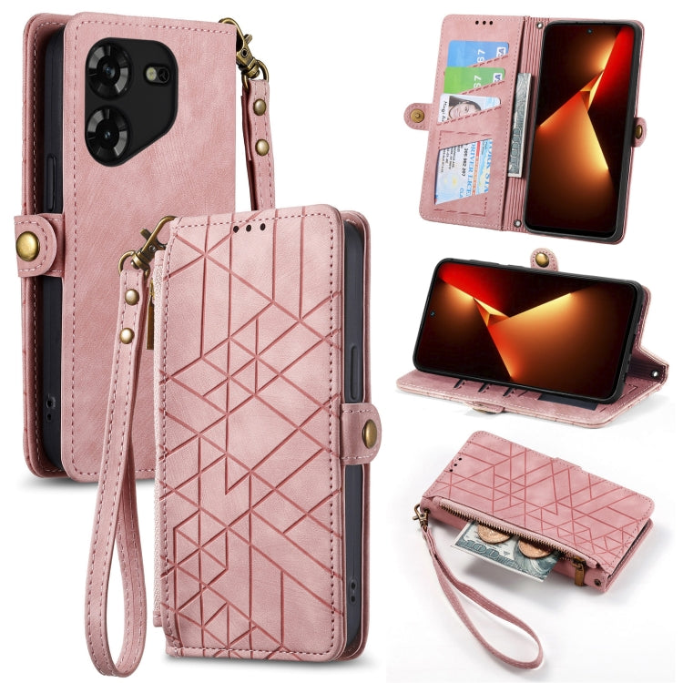 Geometric Zipper Wallet Side Buckle Leather Phone Case, For Tecno Pova 5 4G