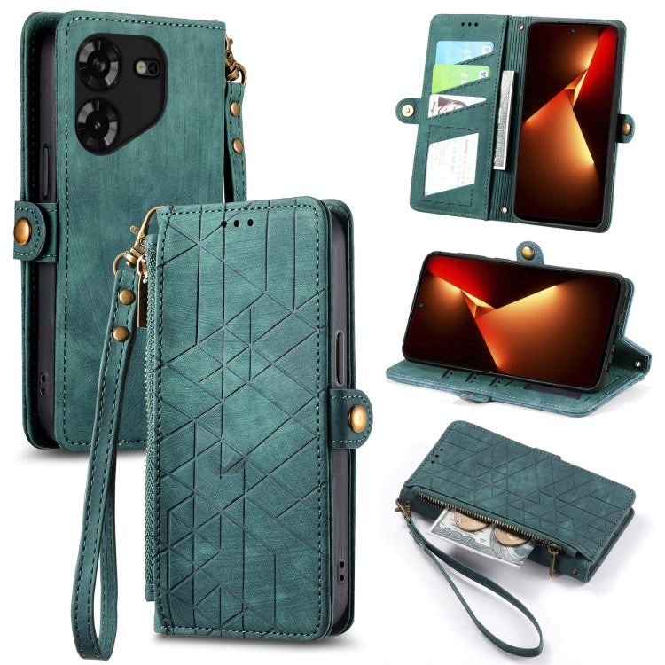 Geometric Zipper Wallet Side Buckle Leather Phone Case, For Tecno Pova 5 4G