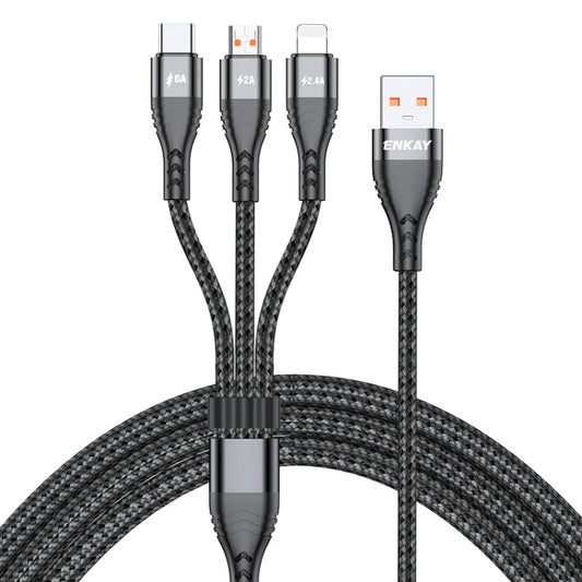 Câble de charge rapide multifonction ENKAY 3-en-1 6A USB vers Type-C / 8 broches / Micro USB, 1 m, 2 m