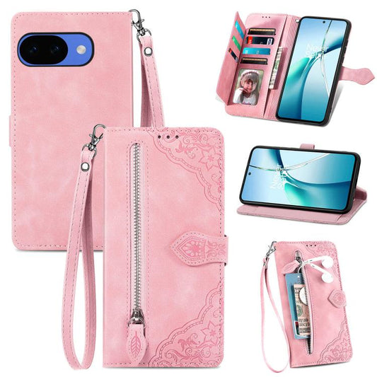 Embossed Flower Zipper Leather Phone Case, For Google Pixel 10a, For Google Pixel 10 Pro XL, For Google Pixel 9a, For Google Pixel 9 Pro XL, For Google Pixel 8a, For Google Pixel 7a, For Google Pixel 7 Pro, For Google Pixel 7, For Google Pixel 6a
