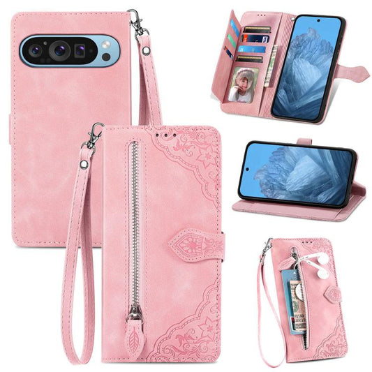 Embossed Flower Zipper Leather Phone Case, For Google Pixel 11 Pro  XL, For Google Pixel 10a, For Google Pixel 10 Pro XL, For Google Pixel 9a, For Google Pixel 9 Pro XL, For Google Pixel 8a, For Google Pixel 7a, For Google Pixel 7 Pro, For Google Pixel...