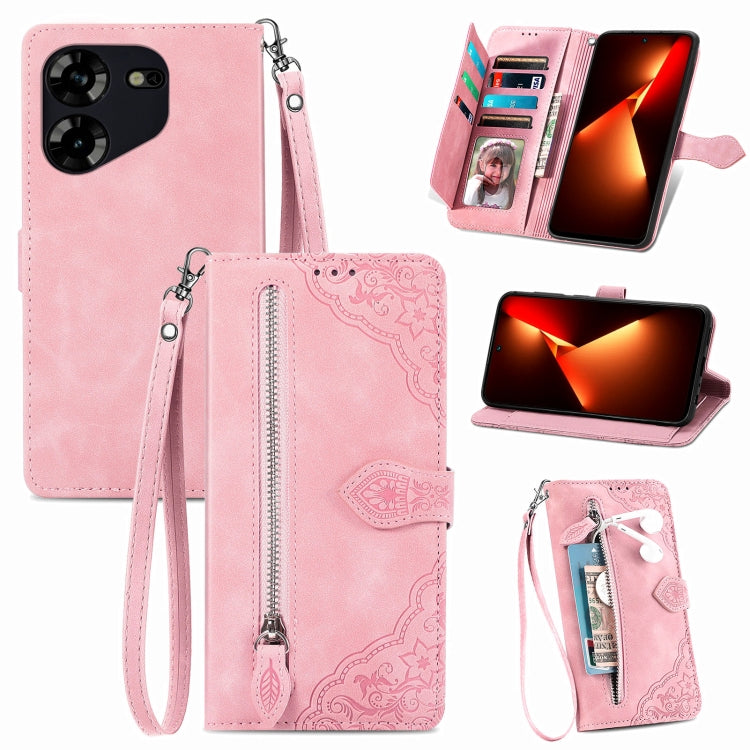 Embossed Flower Zipper Leather Phone Case, For Tecno Pova 5 4G
