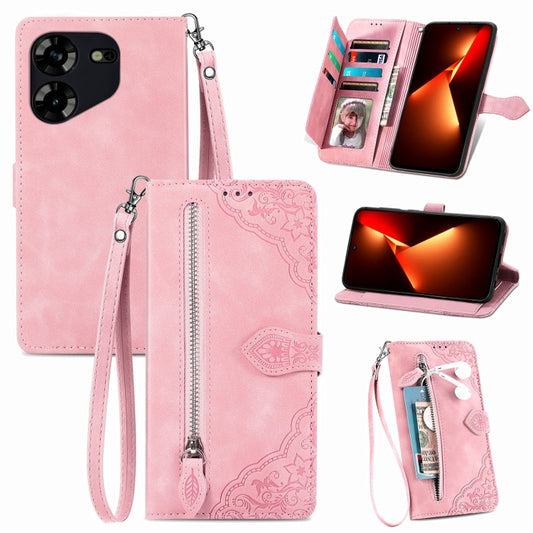 Embossed Flower Zipper Leather Phone Case, For Tecno Pova 5 4G