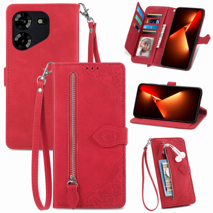 Embossed Flower Zipper Leather Phone Case, For Tecno Pova 5 4G