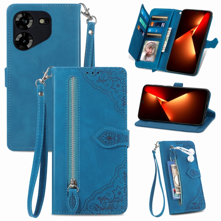 Embossed Flower Zipper Leather Phone Case, For Tecno Pova 5 4G