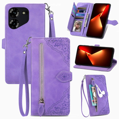 Embossed Flower Zipper Leather Phone Case, For Tecno Pova 5 4G