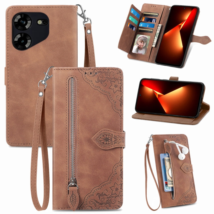 Embossed Flower Zipper Leather Phone Case, For Tecno Pova 5 4G