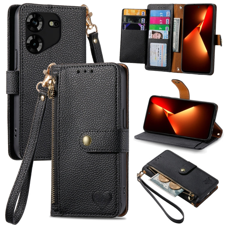 Love Zipper Lanyard Leather Phone Case, For Tecno Pova 5 4G
