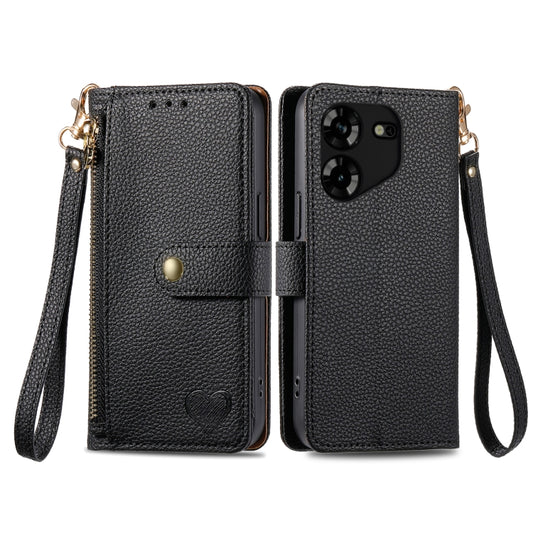 Love Zipper Lanyard Leather Phone Case, For Tecno Pova 5 4G