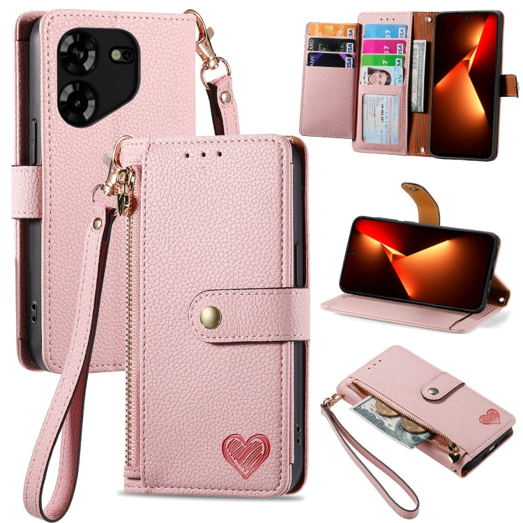 Love Zipper Lanyard Leather Phone Case, For Tecno Pova 5 4G