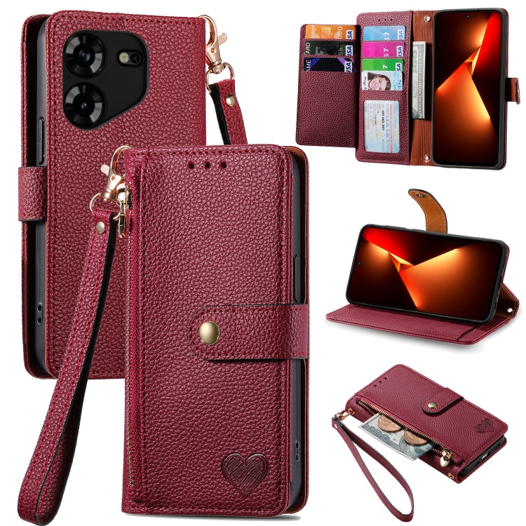 Love Zipper Lanyard Leather Phone Case, For Tecno Pova 5 4G
