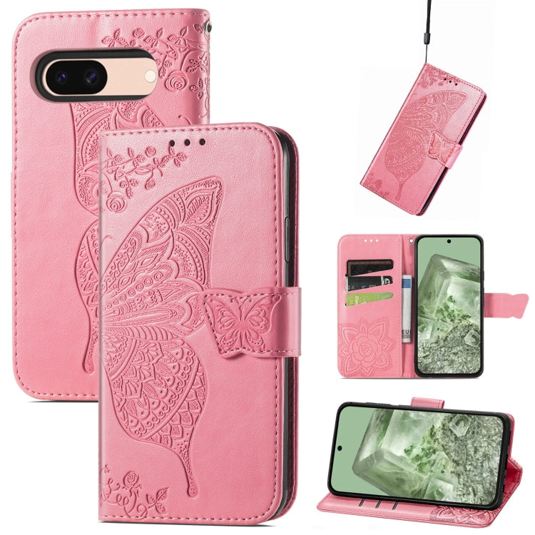 Butterfly Love Flower Embossed Leather Phone Case, For Google Pixel 10a, For Google Pixel 10 Pro XL, For Google Pixel 9a, For Google Pixel 9 Pro XL, For Google Pixel 8a, For Google Pixel 10 / 10 Pro, For Google Pixel 9 / 9 Pro