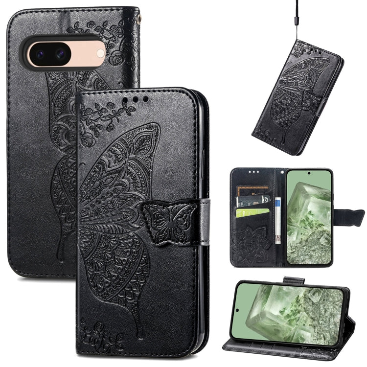 Butterfly Love Flower Embossed Leather Phone Case, For Google Pixel 10a, For Google Pixel 10 Pro XL, For Google Pixel 9a, For Google Pixel 9 Pro XL, For Google Pixel 8a, For Google Pixel 10 / 10 Pro, For Google Pixel 9 / 9 Pro
