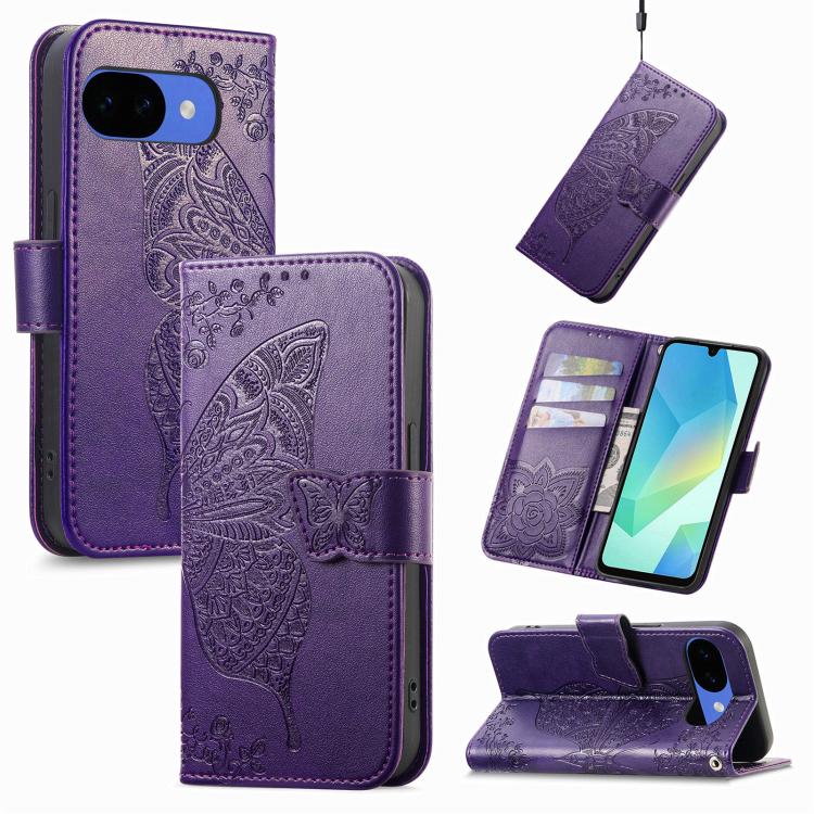 Butterfly Love Flower Embossed Leather Phone Case, For Google Pixel 10a, For Google Pixel 10 Pro XL, For Google Pixel 9a, For Google Pixel 9 Pro XL, For Google Pixel 8a, For Google Pixel 10 / 10 Pro, For Google Pixel 9 / 9 Pro