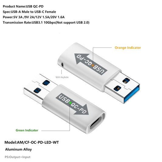 USB-A  Male QC3.1 to Type-C Female PD 10Gbps Converter Adapter, White with Indicator Light, White without Indicator Light, Grey with Indicator Light, Grey without Indicator Light