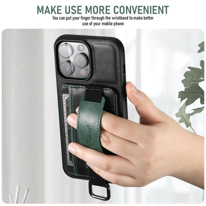 Suteni H13 Card Wallet Wrist Strap Holder PU Phone Case, For iPhone 17e / 16e, For iPhone 17 Pro Max, For iPhone 17 Pro, For iPhone 17, For iPhone  Air, For iPhone 16 Pro Max, For iPhone 16 Pro, For iPhone 16 Plus, For iPhone 16, For iPhone 15 Pro Max ...