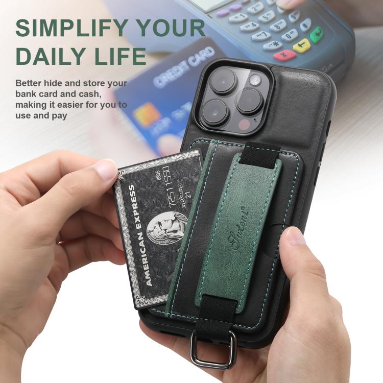 Suteni H13 Card Wallet Wrist Strap Holder PU Phone Case, For iPhone 17e / 16e, For iPhone 17 Pro Max, For iPhone 17 Pro, For iPhone 17, For iPhone  Air, For iPhone 16 Pro Max, For iPhone 16 Pro, For iPhone 16 Plus, For iPhone 16, For iPhone 15 Pro Max ...