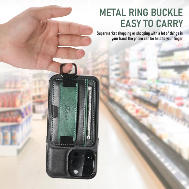 Suteni H13 Card Wallet Wrist Strap Holder PU Phone Case, For iPhone 17e / 16e, For iPhone 17 Pro Max, For iPhone 17 Pro, For iPhone 17, For iPhone  Air, For iPhone 16 Pro Max, For iPhone 16 Pro, For iPhone 16 Plus, For iPhone 16, For iPhone 15 Pro Max ...