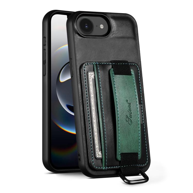 Suteni H13 Card Wallet Wrist Strap Holder PU Phone Case, For iPhone 17e / 16e, For iPhone 17 Pro Max, For iPhone 17 Pro, For iPhone 17, For iPhone  Air, For iPhone 16 Pro Max, For iPhone 16 Pro, For iPhone 16 Plus, For iPhone 16, For iPhone 15 Pro Max ...