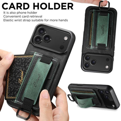 Suteni H13 Card Wallet Wrist Strap Holder PU Phone Case, For iPhone 18 Pro, For iPhone 18 Pro Max, For iPhone 17 Pro Max, For iPhone 17 Pro, For iPhone 17, For iPhone  Air, For iPhone 16 Pro Max, For iPhone 16 Pro, For iPhone 16 Plus, For iPhone 16    ...