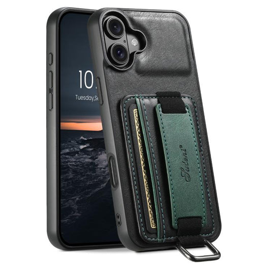 Suteni H13 Card Wallet Wrist Strap Holder PU Phone Case, For iPhone 18, For iPhone 18 Pro, For iPhone 18 Pro Max, For iPhone 17 Pro Max, For iPhone 17 Pro, For iPhone 17, For iPhone Air, For iPhone 16 Pro Max, For iPhone 16 Pro, For iPhone 16 Plus
