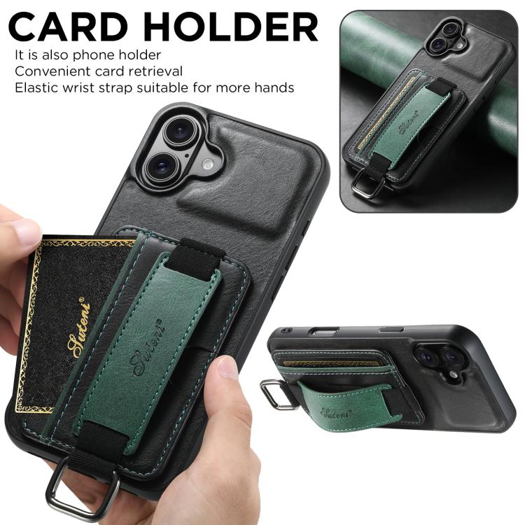 Suteni H13 Card Wallet Wrist Strap Holder PU Phone Case, For iPhone 18, For iPhone 18 Pro, For iPhone 18 Pro Max, For iPhone 17 Pro Max, For iPhone 17 Pro, For iPhone 17, For iPhone  Air, For iPhone 16 Pro Max, For iPhone 16 Pro, For iPhone 16 Plus    ...