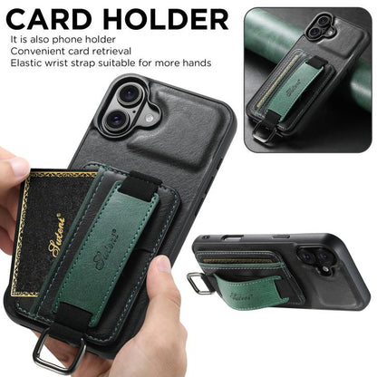 Suteni H13 Card Wallet Wrist Strap Holder PU Phone Case, For iPhone 18, For iPhone 18 Pro, For iPhone 18 Pro Max, For iPhone 17 Pro Max, For iPhone 17 Pro, For iPhone 17, For iPhone  Air, For iPhone 16 Pro Max, For iPhone 16 Pro, For iPhone 16 Plus    ...