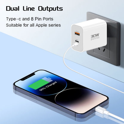 PD30W USB-C / Type-C + 8 Pin + USB Charger with Type-C to 8 Pin Date Cable, PD004 + PD Cable