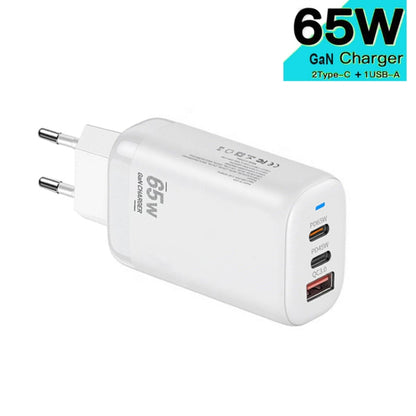 TE-65W GaN PD65W Dual USB-C+USB-A Laptop / Tablet Adapter，EU Plug, EU Plug