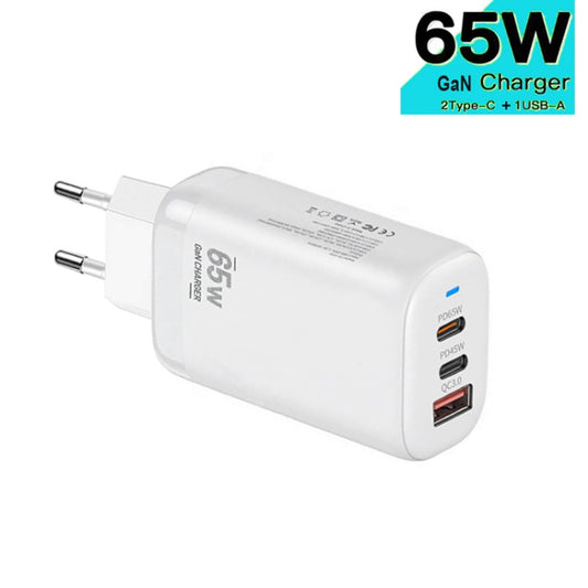 TE-65W GaN PD65W Dual USB-C+USB-A Laptop / Tablet Adapter，EU Plug, EU Plug