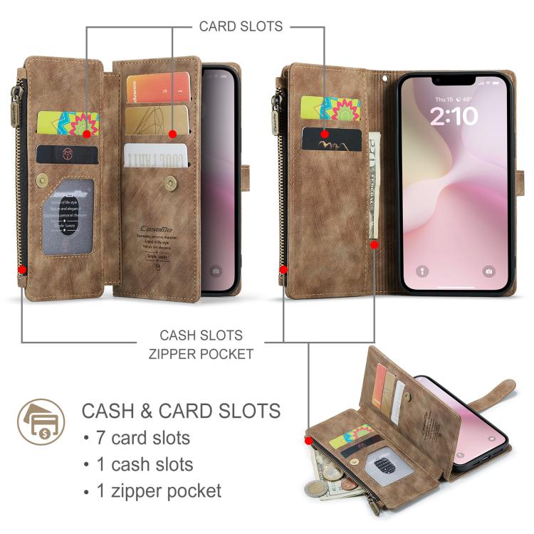 CaseMe C30 Card Slots Zipper Wallet Leather Phone Case, For iPhone 17e / 16e, For iPhone 17 Pro Max, For iPhone 17 Pro, For iPhone 17, For iPhone Air, For iPhone 16 Pro Max, For iPhone 16 Pro, For iPhone 16 Plus, For iPhone 16