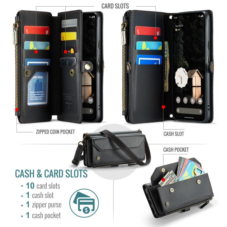 CaseMe C36 Card Slots Zipper Wallet RFID Anti-theft Leather Phone Case, For Google Pixel 11 Pro XL, For Google Pixel 11 / 11 Pro, For Google Pixel  10a, For Google Pixel 9 Pro XL / 10 Pro XL, For Google  Pixel 10 / 10 Pro / 9, For Google Pixel 9a