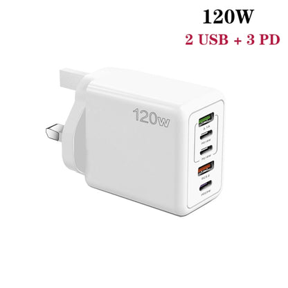 120W 3 PD Type-C Dual USB Multi Port Charger for Mobile Phones, UK Plug, UK Plug
