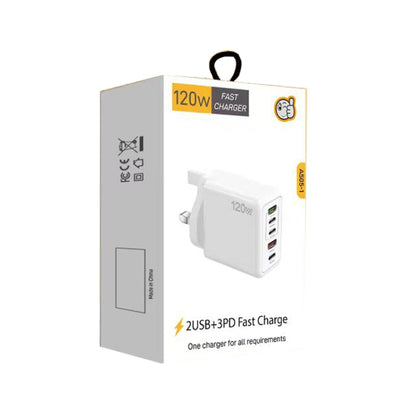 120W 3 PD Type-C Dual USB Multi Port Charger for Mobile Phones, UK Plug, UK Plug