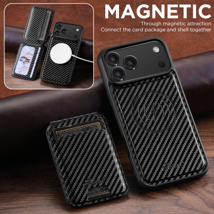 Suteni TXWH18 Carbon Fiber Texture Detachable Wallet MagSafe Phone Case, For iPhone 18, For iPhone 18 Pro, For iPhone 18 Pro Max, For iPhone 17 Pro Max, For iPhone 17 Pro, For iPhone 17, For iPhone 17 Air, For iPhone 16 Pro Max, For iPhone 16 Pro      ...