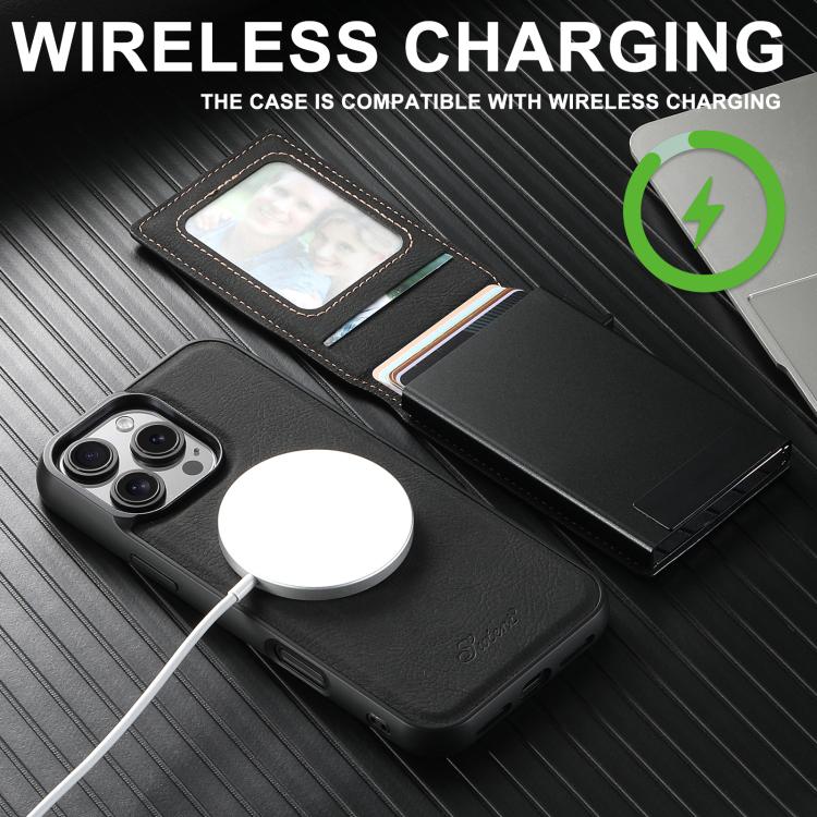 Suteni H19 Litchi Grain 2-in-1 MagSafe Removable Card Box Back Phone Case